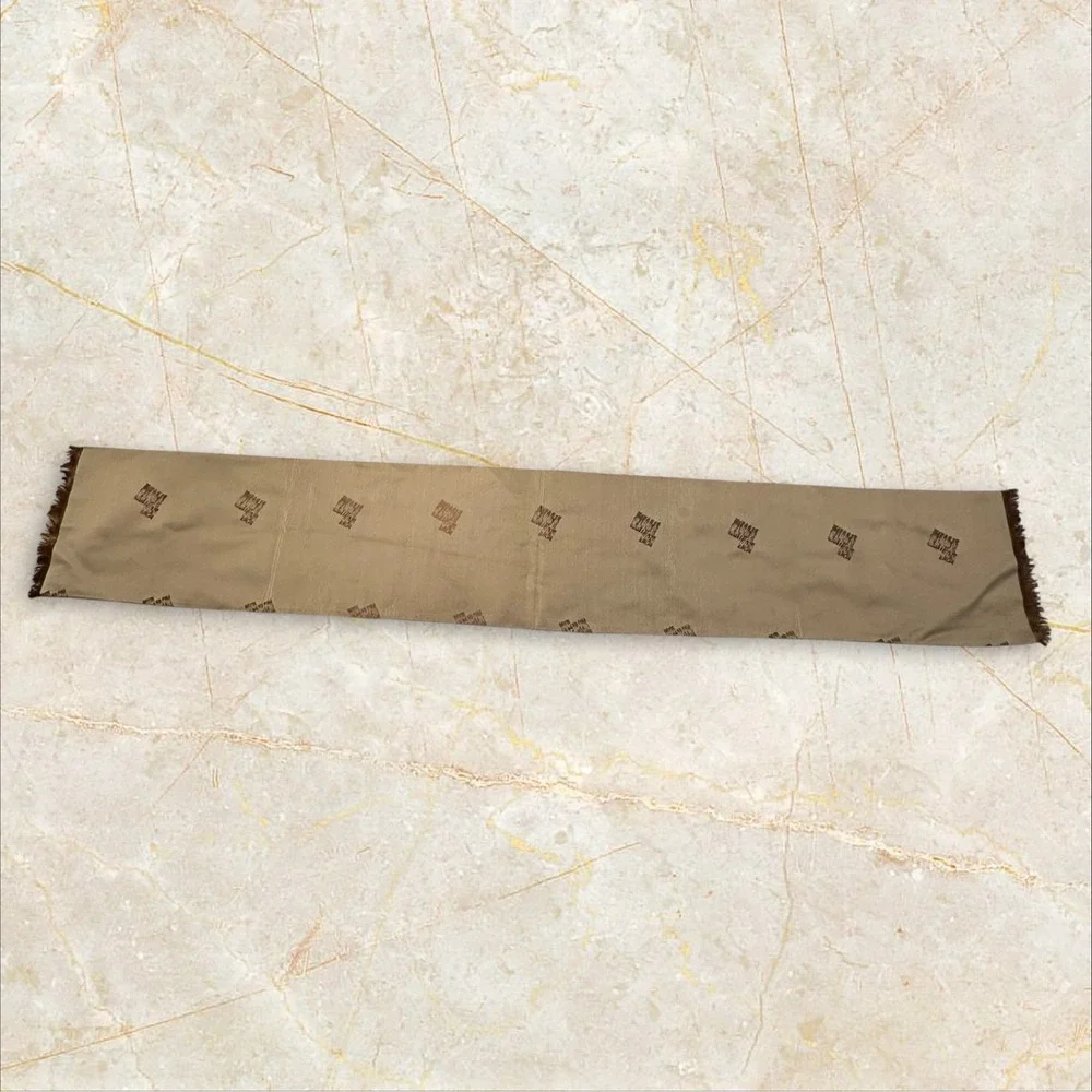 Vintage Geometric Logo Scarf Women OS Taupe Brown‎ Good Fringe Silk Blend
